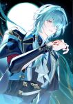  1boy absurdres anaxa_(honkai:_star_rail) aqua_eyes aqua_hair ascot black_corset black_jacket chain corset earrings eyepatch gem half-closed_eye hand_tattoo highres honkai:_star_rail honkai_(series) jacket jewelry ki_1315 lapels looking_at_viewer male_focus mandarin_collar moon notched_lapels one_eye_covered parted_lips pink_pupils red_gemstone red_tattoo shirt side_ponytail single_earring solo tattoo teeth upper_body white_ascot white_shirt 