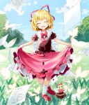  1girl :d back_bow black_shirt blonde_hair bow bowtie bug butterfly closed_eyes collar commentary_request curtsey doll drawing_(object) fairy_wings frilled_collar frills glowing_butterfly grass hair_ribbon letter light_blush medicine_melancholy mito_tsubaki outdoors paper red_bow red_bowtie red_ribbon red_shoes red_skirt ribbon shirt shoes short_hair skirt smile socks solo su-san touhou tree v white_bow white_butterfly white_collar white_socks wings 