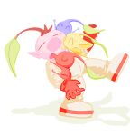  1boy big_nose blue_pikmin blue_skin brown_hair closed_eyes colored_skin group_hug happy highres hug leaf leaning_back leg_up olimar olimin pikmin_(series) pink_nose pointy_ears pointy_nose red_pikmin red_skin shadow short_hair simple_background spacesuit surprised sweatdrop triangle_mouth very_short_hair white_background yellow_pikmin yellow_skin yu_pikmin 
