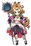  1girl absurdres black_gloves black_hair black_leggings black_pearl blackpearl blonde_hair breasts capelet chest_jewel cleavage commentary_request corset forehead_jewel frown gauntlets gloves green_eyes hammer highres holding holding_hammer legend_of_mana leggings light_blush long_hair looking_at_viewer medium_breasts purple_capelet seiken_densetsu shin_guards solo tenjin white_background white_corset 