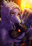 2025 absurd_res amber_(gem) amber_(material) anthro artist_name biped black_bottomwear black_clothing black_crop_top black_pants black_shirt black_topwear blue_body blue_scales bone_frill bottomwear breasts cavemanon_studios cigarette cigarette_in_mouth claws clothed clothed_anthro clothed_female clothing collar colored crop_top elbow_feathers eyeshadow fang_(gvh) feathered_wings feathers female finger_claws fingers frill_(anatomy) gesture goodbye_volcano_high grey_body grey_feathers grey_hair hair hand_gesture hand_on_hip hi_res high-angle_view humanoid_hands jewelry long_hair looking_at_viewer makeup markings middle_finger navel necklace non-mammal_breasts object_in_mouth open_mouth orange_eyes pants pose prehistoric_species pterodactylus pterosaur purl_demoya reptile scales scalie shirt smoke smoking smoking_cigarette snoot_game solo spiked_collar spikes striped_markings stripes text topwear torn_bottomwear torn_clothing torn_pants wings