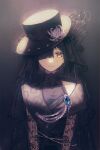  1girl black_background black_dress black_hair black_hat black_veil blunt_bangs chrysanthemum dress flower hair_over_one_eye hat hat_flower highres looking_at_viewer necrologist one_eye_covered reverse:1999 short_hair smile solo top_hat upper_body veil white_flower xjsbca yellow_eyes 