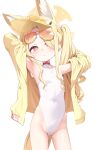  1girl above-cleavage_cutout absurdres animal_ears armpits arms_up bare_shoulders blonde_hair blue_archive breasts closed_mouth clothing_cutout covered_navel cowboy_shot cross_halo diamond_cutout extra_ears eyewear_on_head fox_ears fox_girl fox_tail groin halo highleg highleg_one-piece_swimsuit highres jacket long_hair looking_at_viewer mannack official_alternate_costume one-piece_swimsuit open_clothes open_jacket orange-tinted_eyewear red_eyes seia_(blue_archive) seia_(swimsuit)_(blue_archive) side_ponytail simple_background small_breasts solo sunglasses swimsuit tail tinted_eyewear visor_cap white_background white_one-piece_swimsuit yellow_halo yellow_jacket yellow_visor 