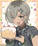  1girl birthday_cake black_shirt blush brown_eyes cake commentary confetti cross_hair_ornament food girls_band_cry grey_jacket hair_between_eyes hair_ornament happy_birthday jacket long_hair_between_eyes long_sleeves multicolored_hair nail_polish open_mouth roots_(hair) rupa_(girls_band_cry) shirt short_hair solo upper_body yamabukiyuki 