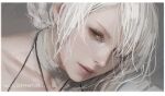  1girl asymmetrical_bangs bandaged_arm bandages braid close-up collarbone commentary copyright_name d.k grey_background hair_over_one_eye kaine_(nier) looking_at_viewer nier_(series) one_eye_covered parted_lips simple_background solo updo white_hair yellow_eyes 