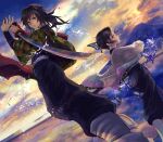  1boy 1girl asagizuisen belt black_hair black_jacket bug butterfly closed_mouth cloud cloudy_sky fighting_stance haori highres holding holding_sword holding_weapon jacket japanese_clothes katana kimetsu_no_yaiba kochou_shinobu long_hair looking_at_viewer mountain ocean ponytail puffy_pants purple_butterfly purple_eyes sky standing sword tomioka_giyuu weapon white_belt 