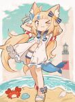  1girl ahoge animal_ear_fluff animal_ears ankle_ribbon beach bikini bikini_under_clothes blonde_hair blue_bikini blue_eyes blue_hair blue_nails blue_ribbon blue_sailor_collar blunt_bangs blush dress fins fish_girl fish_tail hair_ribbon highres indie_virtual_youtuber kaniki_(sameko_saba) leg_ribbon lifebuoy_anklet lifebuoy_hair_ornament lighthouse long_hair looking_at_viewer low_twintails multicolored_hair nail_polish navel open_clothes open_dress paper_boat ribbon sailor_collar sailor_dress sakanafune sameko_saba sandals shorts streaked_hair striped_bikini striped_clothes striped_ribbon swimsuit tail twintails very_long_hair virtual_youtuber white_dress white_shorts 