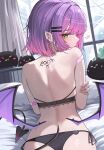  1girl absurdres ass bandaid bandaid_on_arm barbell_piercing bibi_(tokoyami_towa) black_bra black_panties bra chain chain_earrings commentary cross cross_earrings curtains day demon_girl demon_tail demon_wings ear_piercing earclip earrings english_commentary gradient_hair green_eyes green_nails hair_ornament hairclip heart highres holding_own_arm hololive indoors industrial_piercing jewelry kkato lace-trimmed_bra lace_trim looking_at_viewer looking_back low_wings lying median_furrow mini_wings multicolored_hair nail_polish on_bed on_stomach panties parallel_hairclips piercing pink_hair pink_nails pointy_ears purple_hair short_hair side-tie_panties solo spiked_ear_piercing strapless strapless_bra tail tail_ornament tail_piercing tokoyami_towa underwear underwear_only virtual_youtuber window wings 
