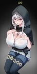  1girl absurdres belt_around_waist belt_pouch black_background black_cloak black_thighhighs blue_eyes blush breasts buta_dong button_gap buttons cleavage cloak commentary english_commentary gradient_background hair_between_eyes hand_on_own_chest heavy_breathing highres hood hooded_cloak invisible_chair jewelry korean_text large_breasts long_hair looking_ahead mabinogi nao_(mabinogi) necklace pants parted_lips pouch shirt sidelocks sitting smile solo sweat thighhighs thighs white_hair white_shirt 