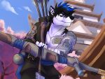 4:3 anthro black_body black_bottomwear black_clothing black_fur black_hair black_nose black_topwear blue_eyes blue_hair blue_sky bottomwear bow_(weapon) building canid canine clothed clothing cloud day front_view fur hair holding_arrow holding_bow_(weapon) holding_object holding_ranged_weapon holding_weapon industrial_piercing_ladder male male_anthro mammal mouth_closed outside plant ranged_weapon sky solaxe_(artist) solo standing topwear tree weapon white_body white_fur
