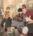  4boys absurdres aircraft ascot bakugou_katsuki black_vest blonde_hair boku_no_hero_academia brown_gloves closed_mouth dirigible freckles gloves green_eyes grey_ascot grey_pants grey_shirt highres kirishima_eijiro ladder midoriya_izuku misa_(jjin_miryeon) multiple_boys muzzle_(mask) orange_sky orange_vest outdoors pants red_eyes red_hair scar scar_on_face shirt sky steam steampunk todoroki_shoto topless_male vest 