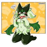 1:1 2025 anthro black_text blush breasts digital_drawing_(artwork) digital_media_(artwork) featureless_breasts female front_view full-length_portrait fur generation_9_pokemon green_body green_fur kneeling lnb looking_aside medium_breasts meow meowscarada navel nintendo open_mouth open_smile pokemon pokemon_(species) portrait smile solo speech_bubble text thick_thighs wide_hips