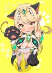  1girl absurdres animal_ears animal_hands bare_shoulders black_gloves blonde_hair blush breasts cat_ears cat_girl chest_jewel cleavage cleavage_cutout clothing_cutout commentary_request core_crystal_(xenoblade) dress earrings from_above full_body gem gloves green_gemstone hand_up highres jewelry kemonomimi_mode large_breasts long_hair looking_at_viewer mythra_(xenoblade) open_mouth paw_gloves paw_print paw_print_background sandals short_dress sleeveless sleeveless_dress solo standing thigh_strap tiara white_dress xenoblade_chronicles_(series) xenoblade_chronicles_2 yellow_background yellow_eyes yoshikirino 