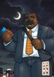 2025 anthro bear bottomwear cellphone ch_ia_ki clothing cloud detailed_background electronics facial_hair hi_res kemono male mammal mature_male moon mustache necktie night outside pants phone shirt slightly_chubby smartphone solo star topwear