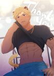  1boy abs animal_ears bara black_shirt blonde_hair blue_eyes blue_pants claws clothes_lift commentary_request earrings fang jewelry konno_naruko leopard_boy leopard_ears leopard_tail male_focus muscular muscular_male necklace pants pectorals rom_(show_by_rock!!) shirt shirt_lift show_by_rock!! signature sweat tail thank_you wiping_face 