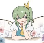  1girl ascot blue_dress blue_eyes blue_flower blush collared_shirt commentary daiyousei dress english_commentary fairy fairy_wings flower green_hair hand_on_own_face highres korean_commentary long_hair mirae_somang mixed-language_commentary open_mouth pink_flower puffy_short_sleeves puffy_sleeves purple_flower shirt short_sleeves smile solo touhou white_shirt wings yellow_ascot 