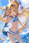  1girl animal_ear_fluff animal_ears bikini blonde_hair blue_bikini blue_bow blue_eyes blue_hair blue_sailor_collar blush bow breasts cat_ears commentary ears_through_headwear english_commentary fang fins fish_girl fish_tail frilled_bikini frilled_sailor_collar frills hair_bow hat highleg highleg_bikini highres indie_virtual_youtuber lifebuoy_hair_ornament lighthouse long_hair looking_at_viewer low_twintails mae_algae multicolored_hair navel ocean on_water one_side_up open_mouth outdoors sailor_bikini sailor_collar sameko_saba short_shorts shorts side-tie_bikini_bottom small_breasts solo straw_hat streaked_hair striped_bikini striped_clothes swimsuit tail twintails very_long_hair virtual_youtuber water white_shorts 