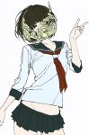  1girl black_sailor_collar black_skirt brown_hair collarbone covered_mouth cowboy_shot highres looking_at_viewer luckyboysquad mask microskirt midriff_peek necktie one_eye_covered original pleated_skirt red_necktie sailor_collar school_uniform serafuku shirt short_hair simple_background skirt sleeve_rolled_up solo three-quarter_sleeves v white_background white_shirt 
