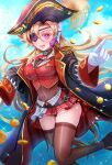  1girl ascot bicorne black_coat blonde_hair breasts choker coat coin cosplay cropped_jacket eyepatch frilled_choker frills hat highres hololive houshou_marine houshou_marine_(1st_costume) houshou_marine_(cosplay) jacket kiwakiwa leather_belt leotard leotard_under_clothes long_hair marty_(mega_man) mega_man_(series) mega_man_x_(manga) mega_man_x_(series) miniskirt one_eye_covered pirate pirate_hat pleated_skirt purple_eyes red_ascot red_jacket red_skirt revision see-through_clothes see-through_leotard skirt solo 