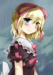  1girl back_bow black_shirt blonde_hair blue_eyes bow bowtie cloud cloudy_sky collar commentary_request dirty dirty_clothes frilled_collar frills grey_background hair_ribbon medicine_melancholy medium_hair mito_tsubaki rain red_bow red_bowtie red_ribbon ribbon sad shirt sky solo tearing_up touhou upper_body white_bow white_collar 