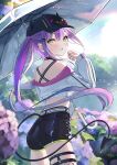  1girl :o ammo21204760 ass asymmetrical_legwear barbell_piercing bare_shoulders baseball_cap bibi_(tokoyami_towa) black_choker black_shorts blurry blush choker cowboy_shot crop_top cropped_jacket demon_girl demon_tail ear_piercing fake_horns fishnet_thighhighs fishnets floating_hair flower from_behind green_eyes hair_ornament hairclip hat holding holding_umbrella hololive horned_headwear horns hydrangea industrial_piercing jacket legwear_garter long_hair long_sleeves looking_at_viewer looking_back midriff mixed-language_commentary multicolored_hair multicolored_nails multiple_piercings nail_polish off_shoulder open_mouth outdoors parted_lips piercing pink_hair pointy_ears purple_flower purple_hair purple_nails rain revision short_shorts shorts sidelocks signature single_thighhigh solo standing streaked_hair tail tail_ornament tail_piercing tail_through_clothes thigh_strap thighhighs tokoyami_towa tokoyami_towa_(1st_costume) transparent transparent_umbrella twintails umbrella very_long_hair virtual_youtuber white_jacket yellow_nails 