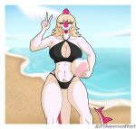2025 abs absurd_res anthro artist_name athletic athletic_anthro athletic_female ball beach beach_ball big_breasts bikini biped black_bikini black_clothing black_swimwear blonde_hair blue_eyes blurred_background bone_frill breasts cavemanon_studios clenched_teeth clothed clothed_anthro clothed_female clothing cloud colored day dinosaur fdaapprovedbeef female fingers frill_(anatomy) front_view gesture hadrosaurid hair hand_gesture hi_res holding_beach_ball humanoid_hands i_wani_hug_that_gator inflatable long_hair long_tail looking_at_viewer mia_moretti multicolored_body multicolored_scales navel non-mammal_breasts open_mouth ornithischian ornithopod outside parasaurolophus pink_body pink_scales portrait pose prehistoric_species pubes reptile sand scales scalie sea shaded sky solo spiked_tail spikes spikes_(anatomy) swimwear tail teeth text three-quarter_portrait tongue tongue_out two-piece_swimsuit two_tone_body two_tone_scales v_sign water white_body white_scales