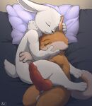  absurd_res anthro aroused bed bodily_fluids canid canine canis cuddling curled_tail domestic_dog duo ears_back erection finnish_spitz furniture genital_fluids geno28 hand_on_chin hand_on_ear hi_res joel_johansson_(geno28) lagomorph leporid male male/male mammal morning_wood neck_tuft oswald_stomper_(geno28) pillow pivoted_ears precum rabbit sleeping spitz tagme tail tuft watermark 