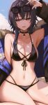  1girl adjusting_eyewear alternate_costume arm_at_side arm_up armpits bare_shoulders bikini black_bikini black_choker black_hair black_jacket blue_hair blue_jacket blush breasts choker cleavage cloud collarbone crossed_legs day eyewear_on_head front-tie_bikini_top front-tie_top fur-trimmed_jacket fur_trim hair_between_eyes halterneck ichinose_uruha ichinose_uruha_(4th_costume) jacket kushinaka long_hair long_sleeves looking_at_viewer lupinus_virtual_games medium_breasts medium_hair multicolored_hair multicolored_jacket navel off_shoulder official_alternate_hairstyle open_clothes open_jacket open_mouth outdoors purple_eyes sideboob sidelocks sitting sky solo stomach streaked_hair string_bikini sunglasses swimsuit thighs two-tone_jacket virtual_youtuber vspo! 