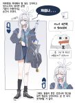  1girl absurdres black_socks blue_archive blue_jacket blue_necktie blue_skirt green_shirt grey_eyes grey_hair grey_halo grey_jacket gulyas hair_between_eyes halo highres jacket konoka_(blue_archive) multicolored_jacket necktie pepe_the_frog sensei_(blue_archive) shirt skirt smile socks thighs two-tone_jacket 