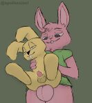 anthro apolloralsei balls_deep bodily_fluids clothing cum cum_drip dripping duo fur genital_fluids genitals green_clothing green_shirt green_topwear green_tunic hi_res holding_other lagomorph leporid link_(rabbit_form) living_condom male male/male mammal mips nintendo penetration penis pink_body pink_fur rabbit shirt size_difference small_penis the_legend_of_zelda topwear tunic yellow_body yellow_fur