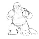  2021 alligator alligatorid anthro biped bottomwear boxing_gloves boxing_shorts brok_(character) brok_the_investigator clothing crocodilian handwear knaveofclubs male reptile scalie shorts simple_background sketch slightly_chubby solo video_games 