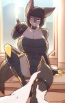 absurd_res anthro big_breasts black_hair blue_eyes blush bob_cut breasts clothing duo female first_person_view grey_body hair hi_res mammal marik_azemus34 outstretched_hand rodent sciurid tree_squirrel white_body