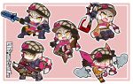  1girl axe blonde_hair bow_(weapon) braid brown_scarf fire_emblem fire_emblem_engage framme_(fire_emblem) hat holding holding_axe holding_bow_(weapon) holding_knife holding_polearm holding_weapon knife looking_at_viewer multicolored_hair multiple_views parameciumkun pink_hair plaid_clothes plaid_hat plaid_scarf polearm scarf single_braid split-color_hair two-tone_hair weapon wrist_guards yellow_eyes 