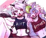  &lt;3 anthro breasts canid canid_demon canine canis clothed clothing collar demon duo english_text eyeshadow fangs female five_nights_at_freddy&#039;s five_nights_at_freddy&#039;s:_security_breach fur grey_body grey_fur hair hellhound helluva_boss looking_at_viewer loona_(helluva_boss) makeup mammal myoniis one_eye_closed piercing roxanne_wolf_(fnaf) scottgames simple_background smile spiked_collar spikes text text_on_clothing text_on_topwear tongue tongue_out topwear video_games white_body white_fur wink wolf 