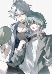  2boys alternate_costume alternate_hairstyle anaxa_(honkai:_star_rail) antenna_hair aqua_hair black_gloves black_shirt casual closed_eyes crossed_bangs eyepatch gloves half_gloves hand_fan hand_up highres holding holding_fan honkai:_star_rail honkai_(series) jacket male_focus multiple_boys one_eye_covered open_clothes open_jacket open_mouth parted_bangs phainon_(honkai:_star_rail) shirt short_hair simple_background smile teeth thorn72132528 upper_body upper_teeth_only white_background white_shirt 