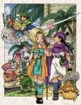  2girls 6+boys :d adversarial_noise angel_slime aqua_dress armlet bianca_(dq5) black_eyes black_hair blue_eyes blue_sky blue_tunic border bracelet braid brown_hair brownie_(dragon_quest) cape character_request child choker cloak commentary_request creature_request day dragon_quest dragon_quest_iii dragon_quest_monsters_2 dragon_quest_v dragon_quest_vii dress father_and_son green_hat green_tunic hammer hat hat_flaps hero&#039;s_son_(dq5) hero_(dq5) hero_(dq7) high_ponytail highres holding holding_hammer holding_rock holding_staff husband_and_wife in-franchise_crossover indian_style jewelry leg_wrap low_ponytail luca_(dragon_quest) merchant_(dq3) mother_and_son multiple_boys multiple_girls murakami_yumiko muscular muscular_male official_art one-shoulder_tunic open_mouth orange_cape palm_tree parent_and_child pink_hair ponytail profile purple_cloak purple_turban riding rock short_hair side_part silver_armlet silver_choker single_braid sitting sky smile spiked_hair staff sweatdrop toriyama_akira_(style) tree tunic turban white_border white_tunic 