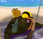 2025 adrian_(bonebees) anal anal_penetration antennae_(anatomy) anthro arthropod arthropod_abdomen artist_name backsack balls beach beach_towel bee big_butt blonde_hair bonebees brown_body butt buttplug buttplug_in_ass buttplug_insertion clothing clothing_aside digital_drawing_(artwork) digital_media_(artwork) duo erika_(bonebees) exoskeleton genital_raphe genitals hair hi_res huge_butt hymenopteran insect insect_wings looking_back male mandibles noseless object_in_ass outdoor_nudity penetration perineal_raphe perineum plug_(sex_toy) plug_insertion purple_eyes raphe_(anatomy) scrotal_raphe sea seductive sex_toy sex_toy_in_ass sex_toy_insertion stripes swimwear swimwear_aside text towel under_shade water wave wings wobble wobbling