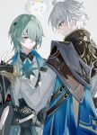  2boys absurdres anaxa_(honkai:_star_rail) aqua_hair armor back black_corset black_gloves black_jacket blue_cape cape closed_mouth coat corset fingerless_gloves gloves grey_background grey_hair hand_up highres honkai:_star_rail honkai_(series) jacket lapels looking_at_another male_focus medium_hair multiple_boys notched_lapels pauldrons phainon_(honkai:_star_rail) profile shirt shoulder_armor side_ponytail single_pauldron smile standing thorn72132528 upper_body white_coat white_shirt 