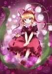  1girl back_bow black_shirt blonde_hair blue_eyes bow bowtie collar commentary_request doll evil_smile fairy_wings flower frilled_collar frills full_body hair_ribbon highres light_particles lily_of_the_valley looking_at_viewer mary_janes medicine_melancholy medium_hair mito_tsubaki open_mouth purple_background red_bow red_bowtie red_ribbon red_shoes red_skirt ribbon shirt shoes skirt smile socks solo su-san touhou white_bow white_collar white_socks wings 