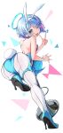  1girl ;d absurdres alternate_costume animal_ear_hairband animal_ears arona_(blue_archive) ass back bare_shoulders blue_archive blue_eyes blue_hair blue_halo blue_leotard blue_shoes blush braid colored_inner_hair commentary_request dutch_angle fake_animal_ears fake_tail foreshortening from_behind full_body hairband halo hand_up happy heart_sticker high_heels highleg highleg_leotard highres legs leotard looking_at_viewer looking_back multicolored_hair nojikorirakkusu on_stool one_eye_closed open_mouth pantyhose pink_hair playboy_bunny rabbit_ears rabbit_tail shoes short_hair simple_background single_braid smile solo standing standing_on_one_leg sticker_on_face stool strapless strapless_leotard tail teeth thighs two-tone_hair upper_teeth_only v white_background white_hairband white_pantyhose 
