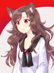 1girl animal_ears black_capelet breasts brown_hair capelet collarbone commentary_request expressionless gem imaizumi_kagerou light_blush long_hair long_sleeves mito_tsubaki red_background red_eyes red_gemstone shirt small_breasts solo touhou two-tone_background upper_body white_background white_shirt wolf_ears wolf_girl 