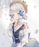  1girl back_bow blue_bow blue_dress blue_eyes blunt_bangs blush bow braid branch brown_hat butterfly_hair_ornament buttons closed_mouth collared_dress commentary_request dress flower genshin_impact gold_trim gradient_background grey_background grey_hair hair_flower hair_ornament hair_tubes hand_up hat hat_flower hat_ornament highres jewelry kamisato_ayaka kamisato_ayaka_(springbloom_missive) leaf leaf_hat_ornament long_sleeves looking_to_the_side necklace official_alternate_costume official_alternate_hairstyle petals pink_bow puffy_long_sleeves puffy_sleeves short_hair smile solo sorani_(kaeru0768) standing tassel tree two-tone_dress white_background white_dress white_flower wing_collar yellow_flower 