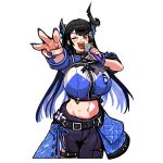  1girl ;d absurdres asymmetrical_clothes asymmetrical_horns black_hair black_horns black_pants blaparky blue_hair blue_nails blue_shirt breasts colored_inner_hair highres holding holding_microphone hololive hololive_english hololive_idol_uniform_(color_rise) horns huge_breasts idol_clothes microphone multicolored_hair navel nerissa_ravencroft one_eye_closed open_mouth pants red_eyes shirt single_pantsleg single_sleeve smile solo transparent_background virtual_youtuber 