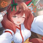  1girl animal_ears animal_hands blush bow breasts brown_eyes brown_hair cat cat_paws ear_bow ear_covers ear_ornament ear_ribbon green_bow highres horse_ears horse_girl japanese_clothes jtleeklm kimono large_breasts long_sleeves looking_at_viewer medium_hair multicolored_hair nice_nature_(umamusume) one_eye_closed open_mouth smile streaked_hair twintails umamusume white_kimono 