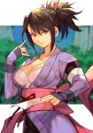  1girl black_hair breasts cleavage fujibayashi_sheena hair_ribbon hungry_clicker lips long_hair looking_at_viewer medium_breasts medium_hair ninja obi ofuda ponytail red_eyes ribbon sash smile solo tales_of_(series) tales_of_symphonia 