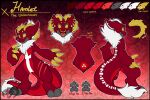 ambiguous_gender anthro cr1nge-k1ng danish_flag facial_piercing footprint fur hair horn looking_at_viewer markings model_sheet neck_tuft nose_piercing nose_ring open_mouth pawprint piercing red_body red_fur ring_piercing solo tail teeth tongue tuft white_hair white_markings wickerbeast yellow_eyes