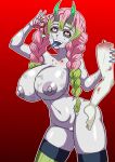  1girl absurdres blood blue_skin blush braid breasts collarbone colored_skin corruption dark_persona detached_arm detached_eyes gradient_hair green_eyes green_hair green_thighhighs grey_skin highres kanroji_mitsuri kimetsu_no_yaiba large_breasts long_hair mole mole_under_each_eye mole_under_eye multicolored_hair multiple_moles navel nipples nude open_mouth pink_hair pussy ribbed_thighhighs smile solo tengukizoku thighhighs tri_braids twin_braids veins veiny_arms veiny_face 