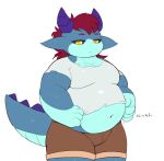 anthro belly bottomwear clothing dark_sclera dragon dragon_tail glistening glistening_body hi_res horn male mythological_creature mythological_scalie mythology navel organs overweight overweight_anthro overweight_male scalie scratching_belly shirt shorts skyox solo solo_focus stomach tiramisu_(tuvandalist) topwear torn_clothing torn_shirt torn_topwear undersized_clothing