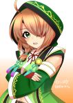  1girl ahoge arms_under_breasts belt blush braid brown_hair crossed_arms eyepatch green_eyes green_hood green_kimono hair_over_one_eye highres hood horie_ga_sky japanese_clothes kimono looking_at_viewer navel neck_ribbon one_eye_covered open_mouth red_ribbon ribbon sengoku_otome short_hair side_braid single_braid solo tooth two-tone_background upper_body yamamoto_kansuke_(sengoku_otome) 