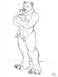 3:4 anthro canid canine collar duo eyes_closed featureless_crotch hi_res holding_another kissing male male_anthro mammal monochrome mouth_closed muscular muscular_anthro muscular_male mustelid nude otter simple_background size_difference sketch solaxe_(artist) standing